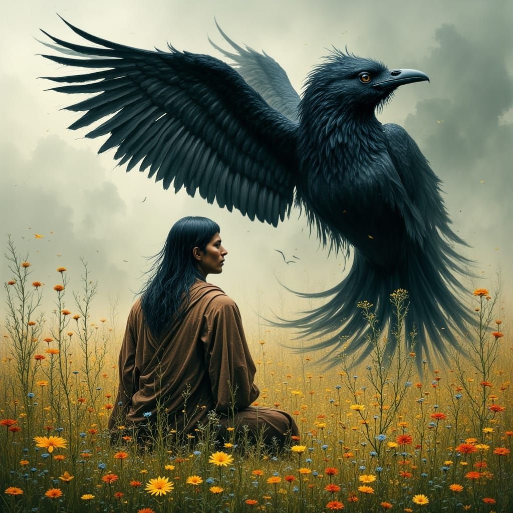 Ebon Pinion Spreads Wings in Mystical Meadow