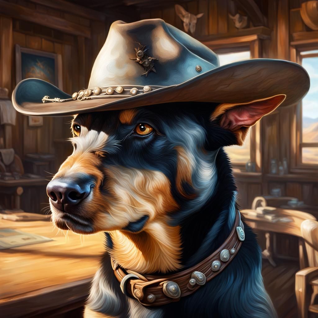 Hyperrealistic Kelpie Dog Gunslinger in Western Saloon