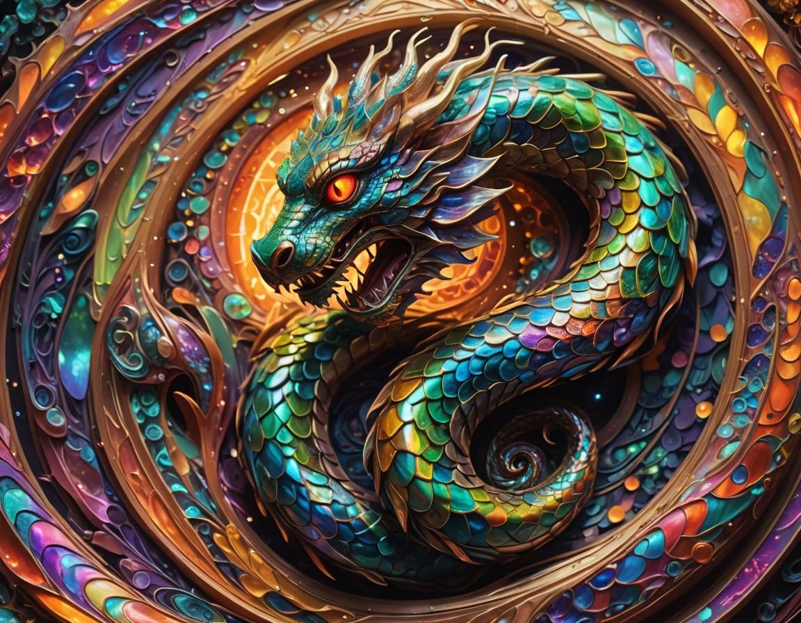 Surreal Serpent Coiled Around Iridescent Portal
