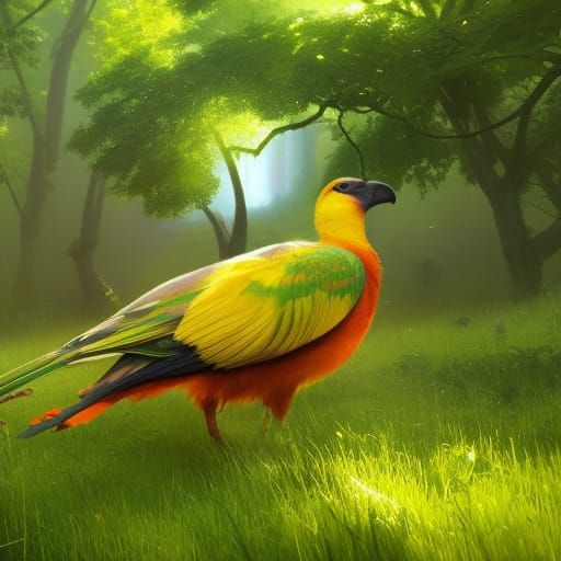 Yellow Bird in Lush Greenery: Detailed Concept Art