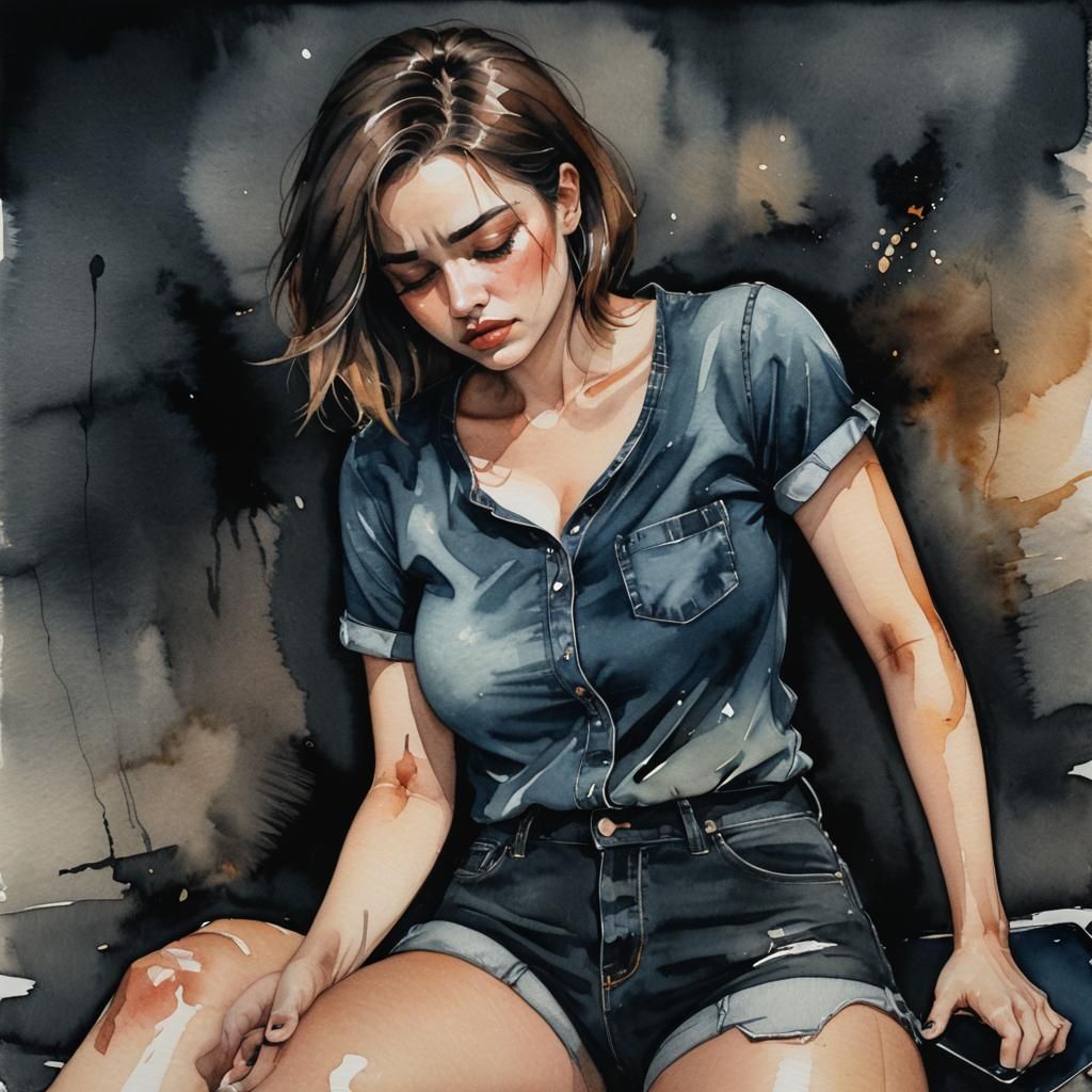 Sad Woman Crying in Dark Room: Watercolor Portrait