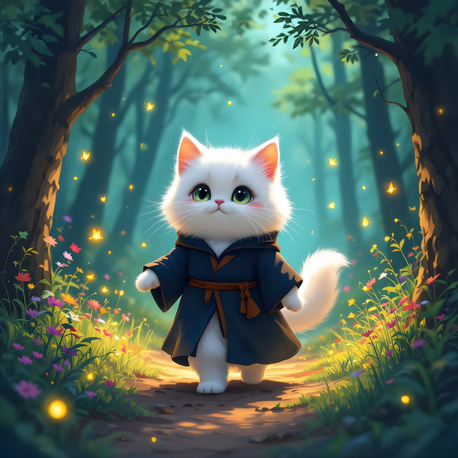 Wizard Cat in Enchanted Forest, Fantasy Style