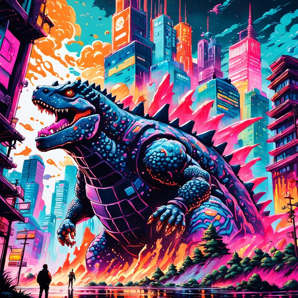 Surreal Godzilla Emerges in Cyberpunk Graffiti City