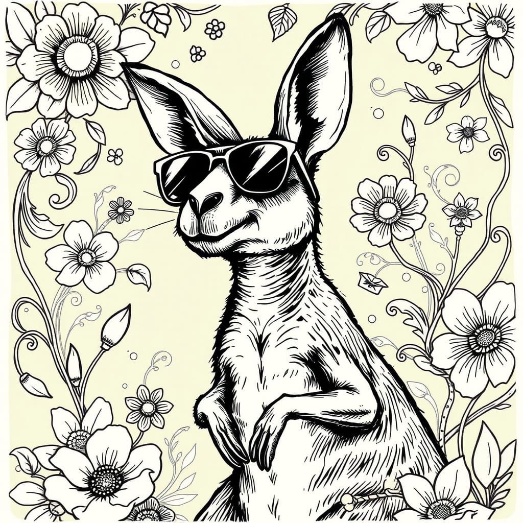 Kangaroo in Sunglasses: Art Nouveau Ink Drawing
