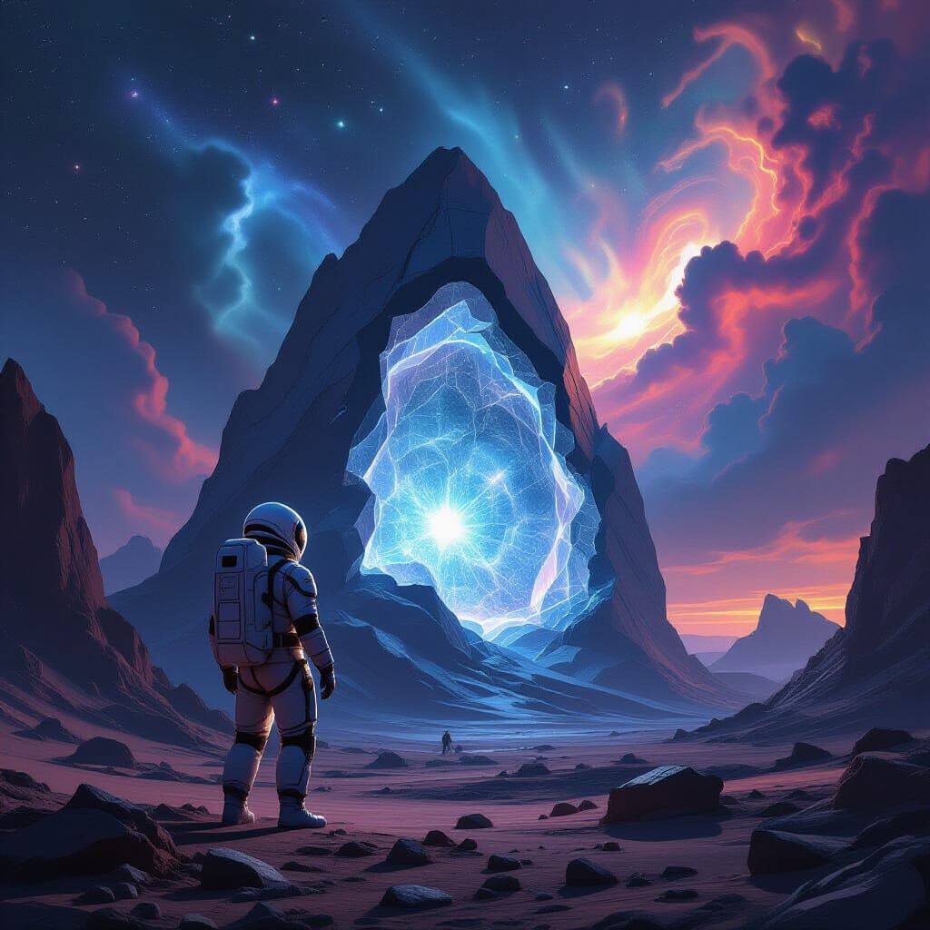 Astronaut Discovers Pulsing Crystal Geode on Alien World