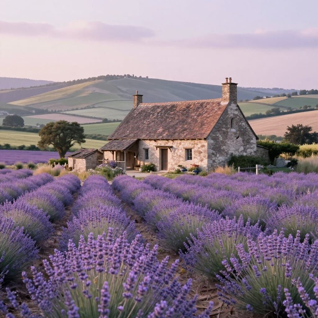 Medieval Farmhouse Amidst Lavender Fields in Pastel Hues