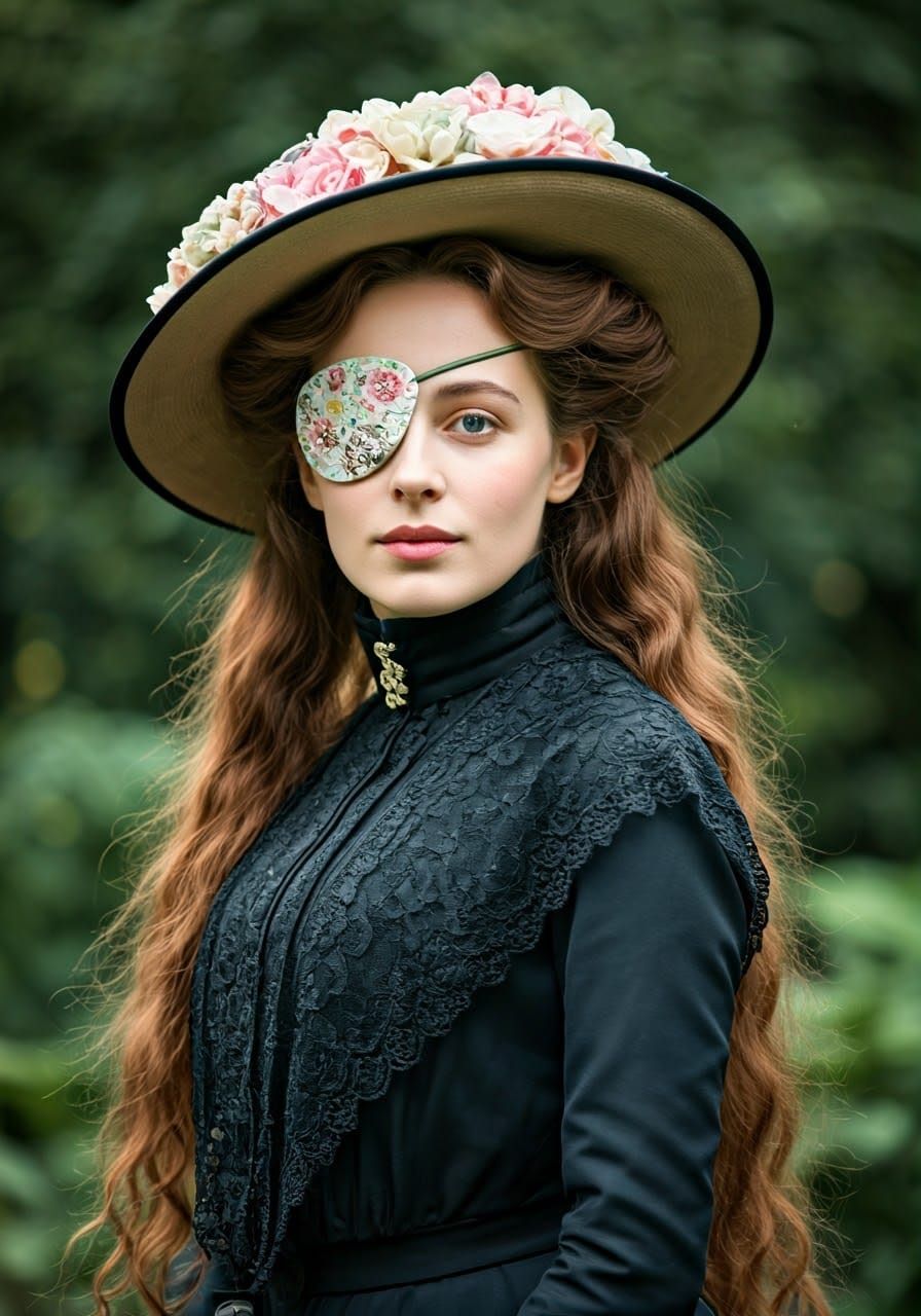 Edwardian Lady with Floral Eyepatch in Botanical Garden