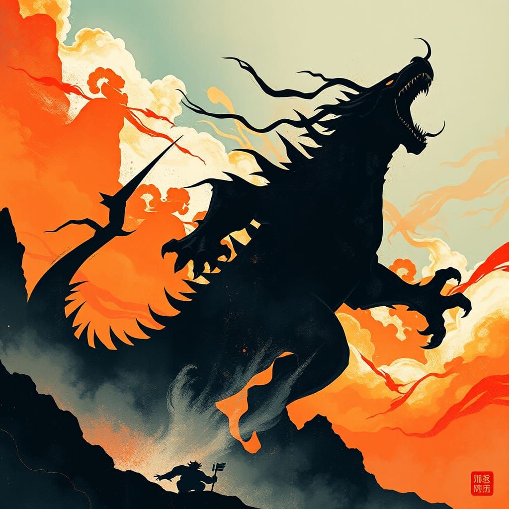 Abstract Monster Leaping Through Gradient Sky