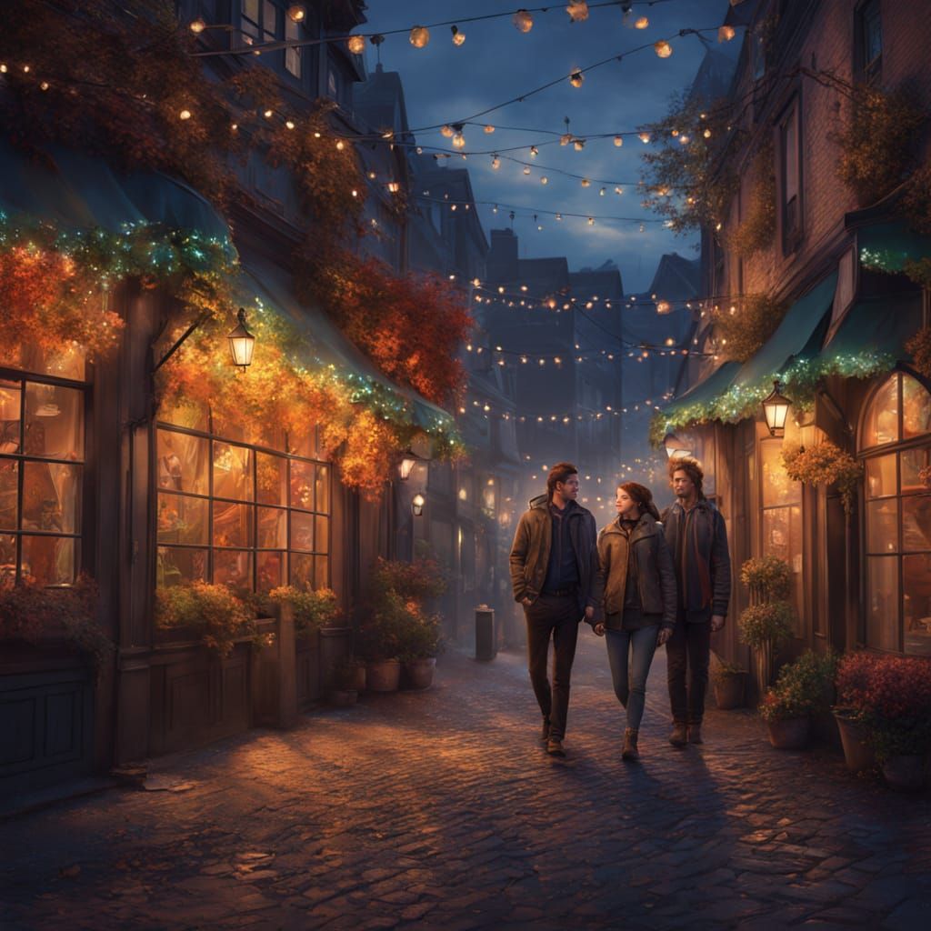 Cozy Autumn Evening in Quaint Town: Fantasy Art