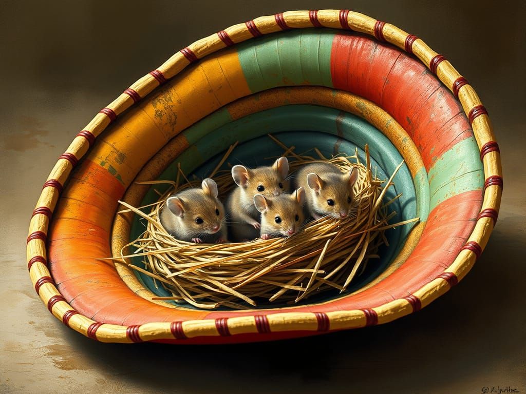 A Mexican sombrero hat lies on its side. Inside is a mouse's...