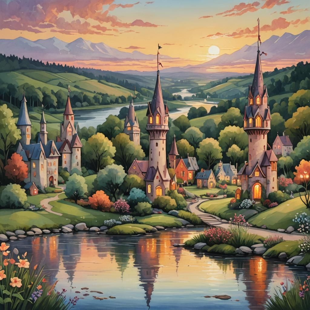 Sunset Landscape with Whimsical Towers by River
