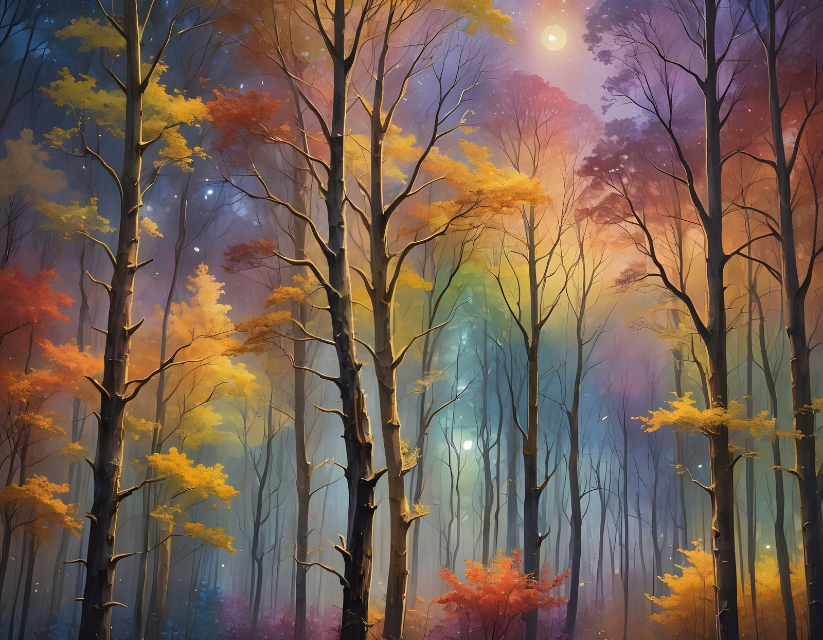 Rainbow Forest: Golden Trees Under Moonlight