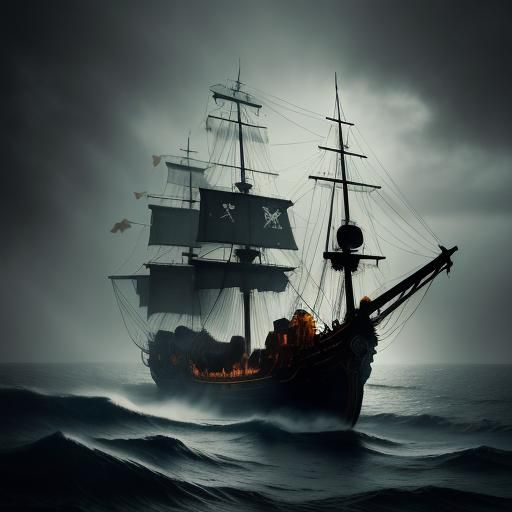 Mystical Black Pearl Pirate Ship on Misty Sea