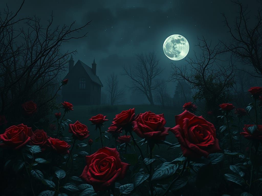 Creepy Midnight Garden with Wilted Roses