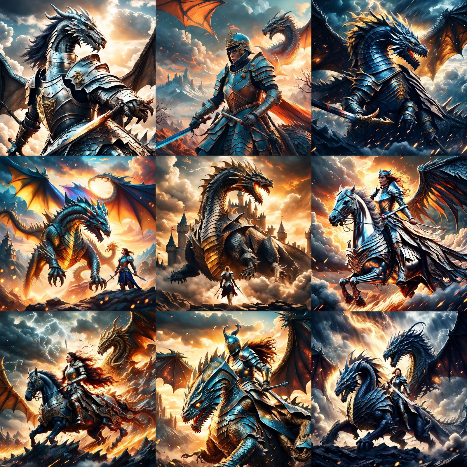 Epic Female Knight Versus Dragon in Sky