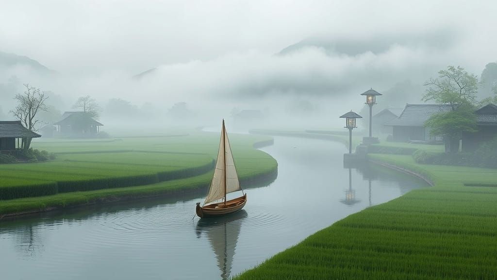 Serenely Foggy Japanese Countryside with Tranquil River and ...