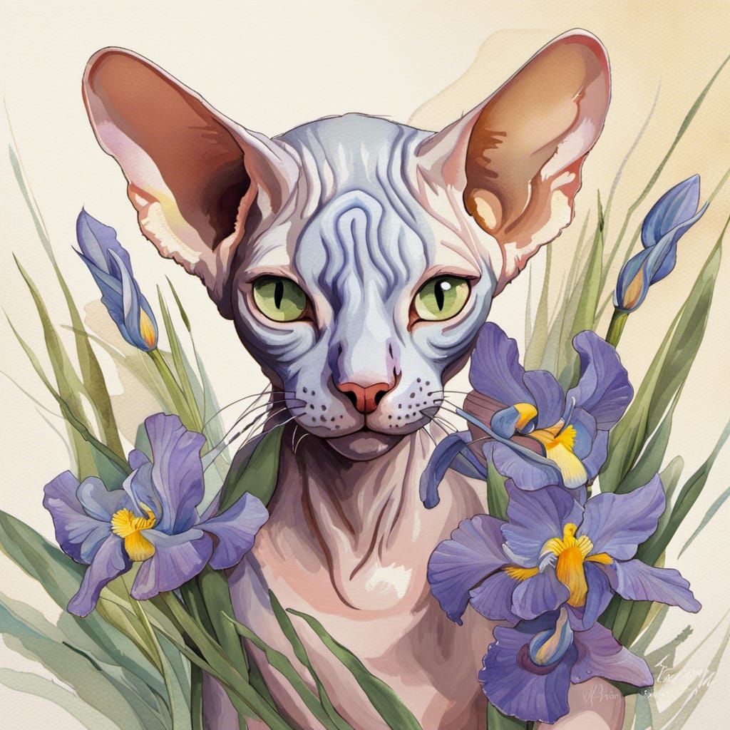 Sphynx Kitten with Irises in Watercolor Style