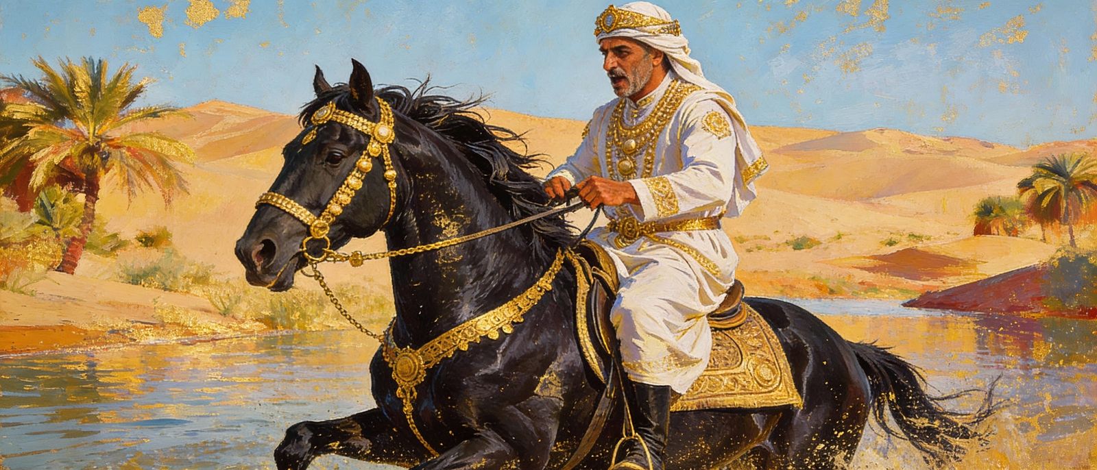 Powerful Black Stallion Galloping Through Desert Oasis