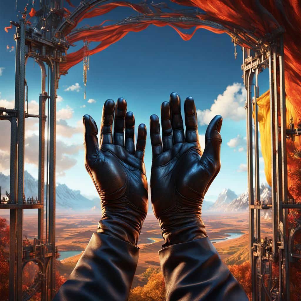 Hands Open Curtain to Reveal Colorful Landscape