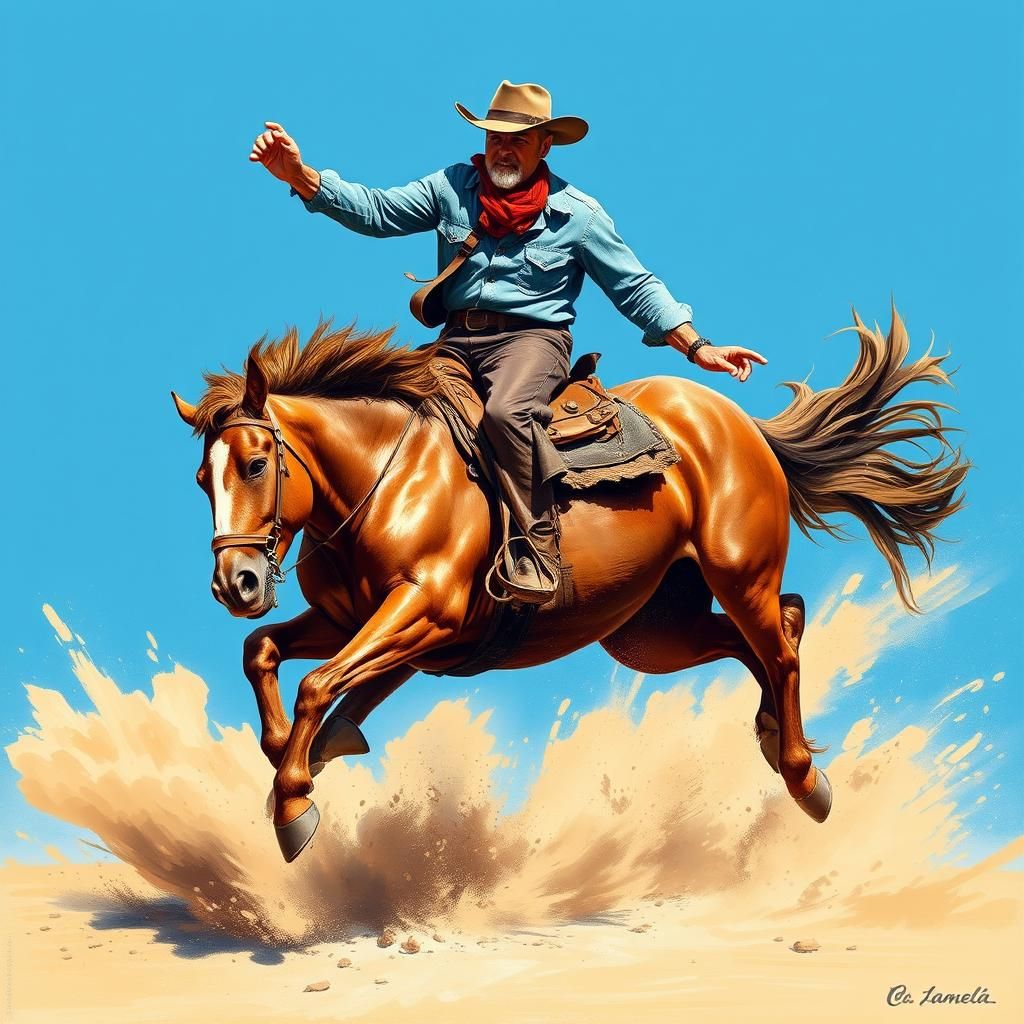 Cowboy on Bucking Horse in Western Art Style