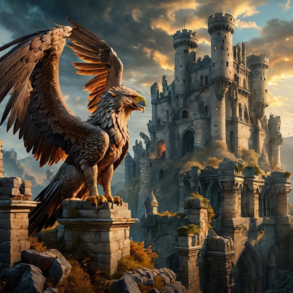 Epic Fantasy Griffin Emerges from Majestic Castle Ruins