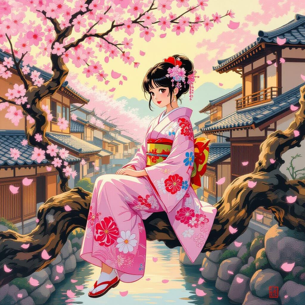 Girl in Kimono with Cherry Blossoms, Oil Painting Style