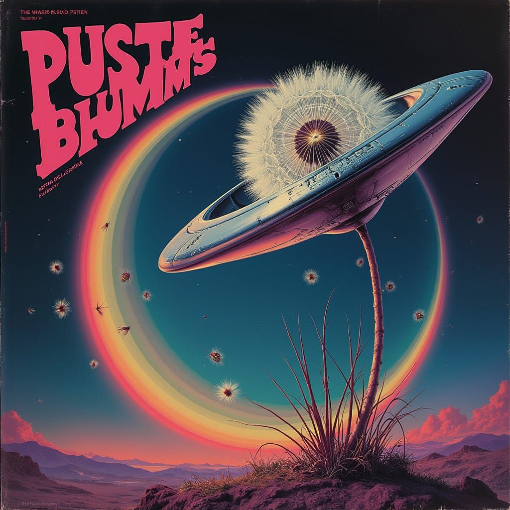 Surreal Dandelion Meets Futuristic UFO in Neon Op-Art