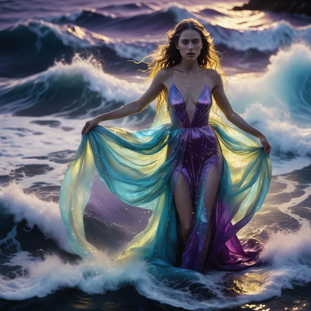 Water Goddess Between Waves in Dark Fantasy Style