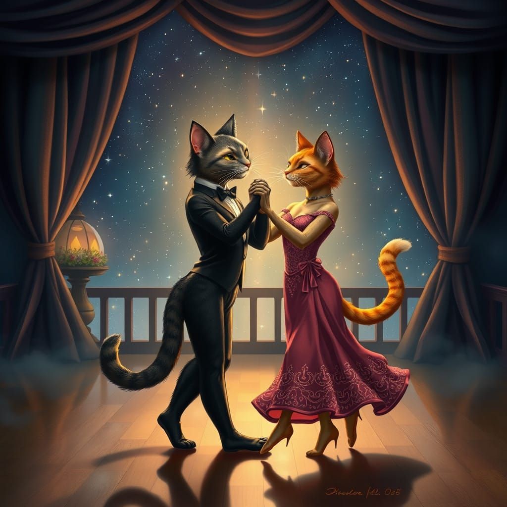 Dancing Cat Forms in Whimsical Ballroom