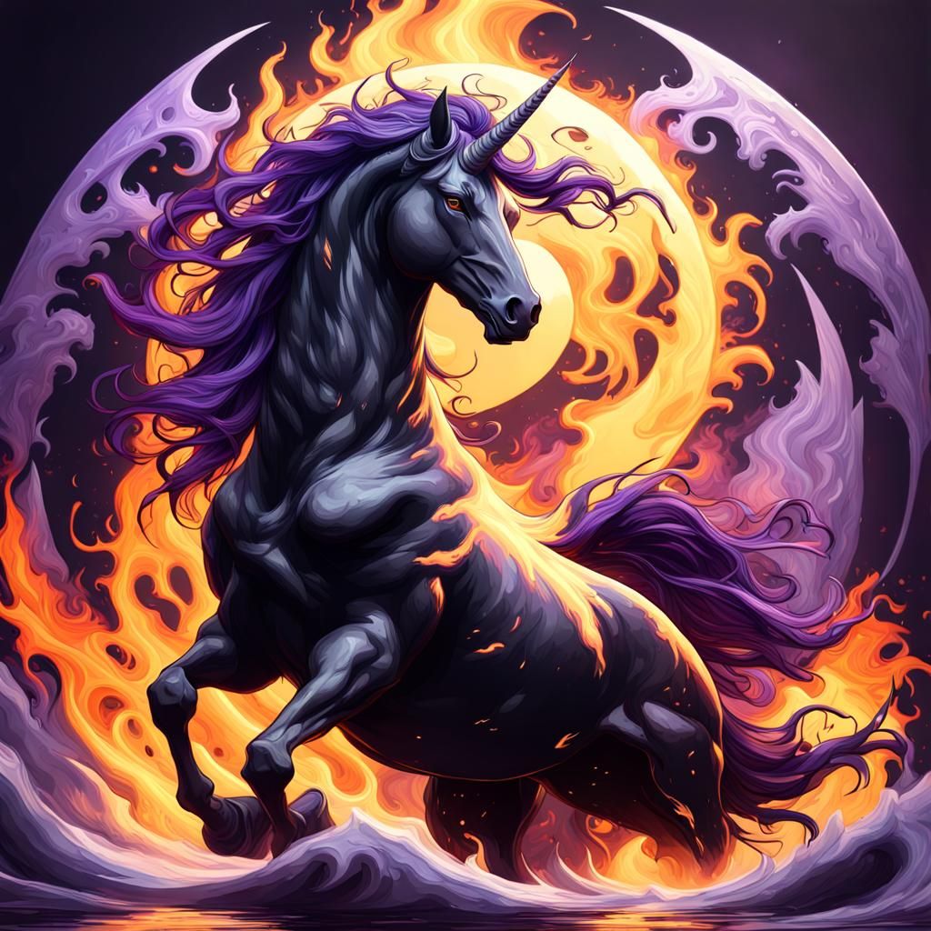 Black Unicorn Emerges from Flames: Dark Fantasy Art