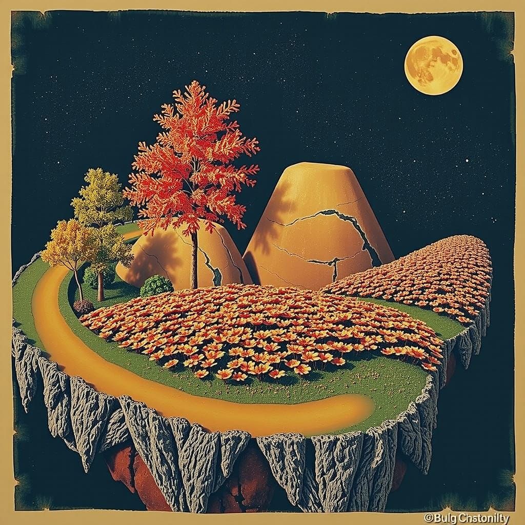 Lustrous Botanic Scene with Golden Trees and Mountains