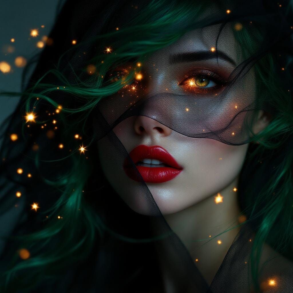 Woman with Veil in Dreamy Celestial Atmosphere