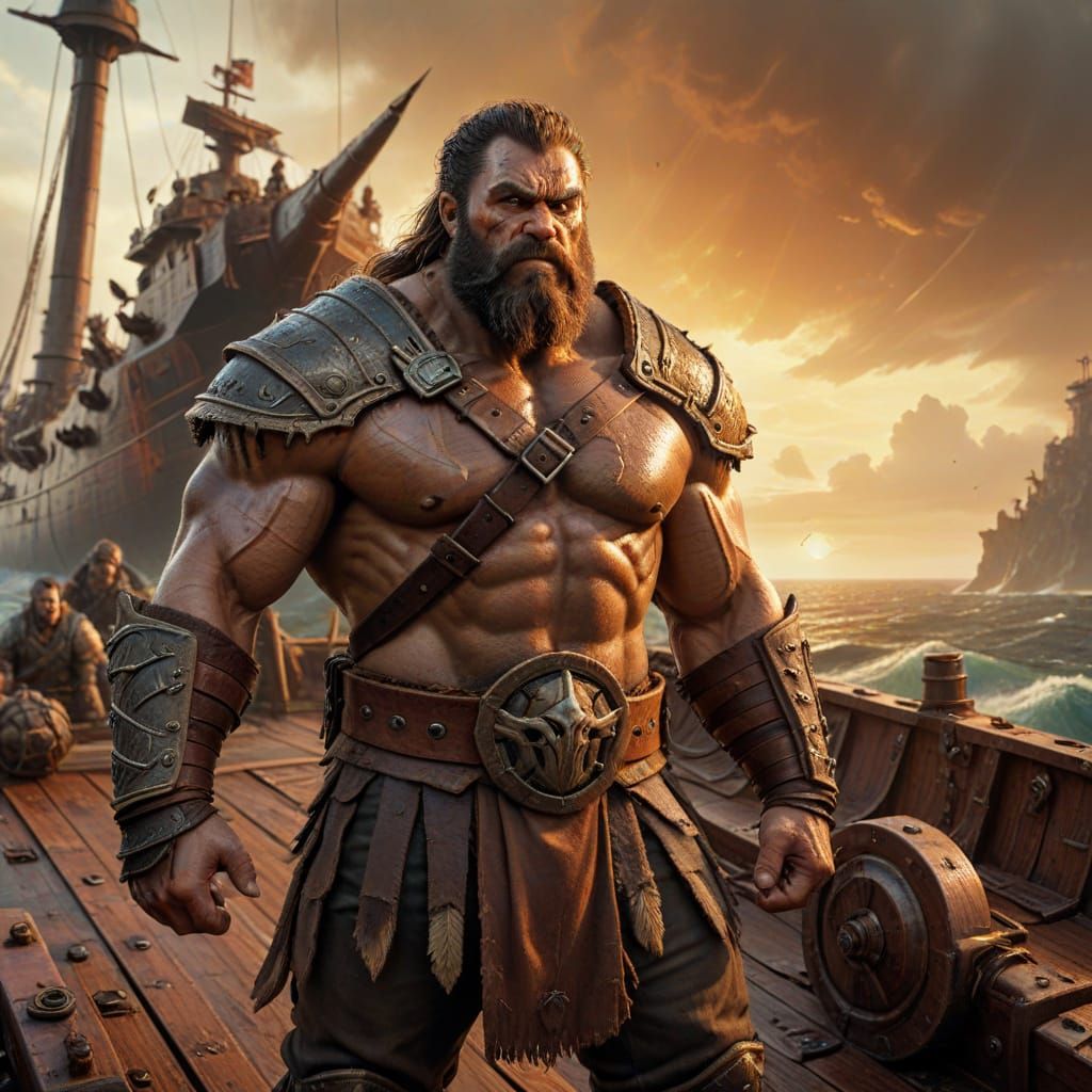 Barbarian Warrior Stands at the Helm of His Epic Battle Ship