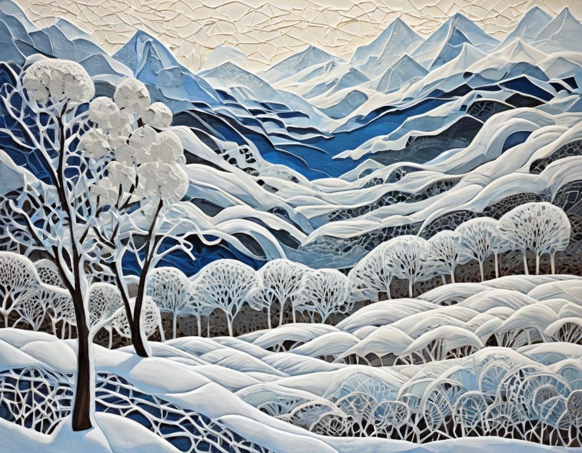 Snowy Landscape in Lace Collage Style