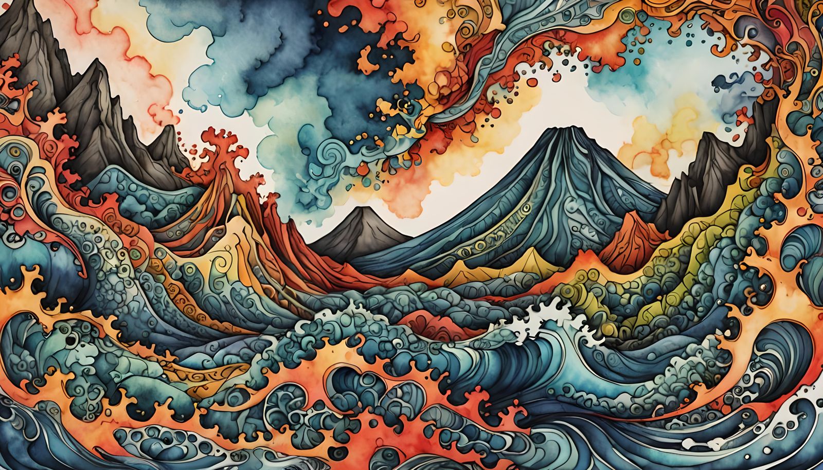 Volcanic Island Paradise in Watercolor and Ink