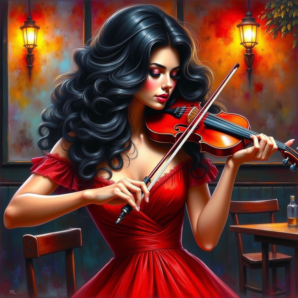 Woman Playing Violin in Bar as Watercolor Painting