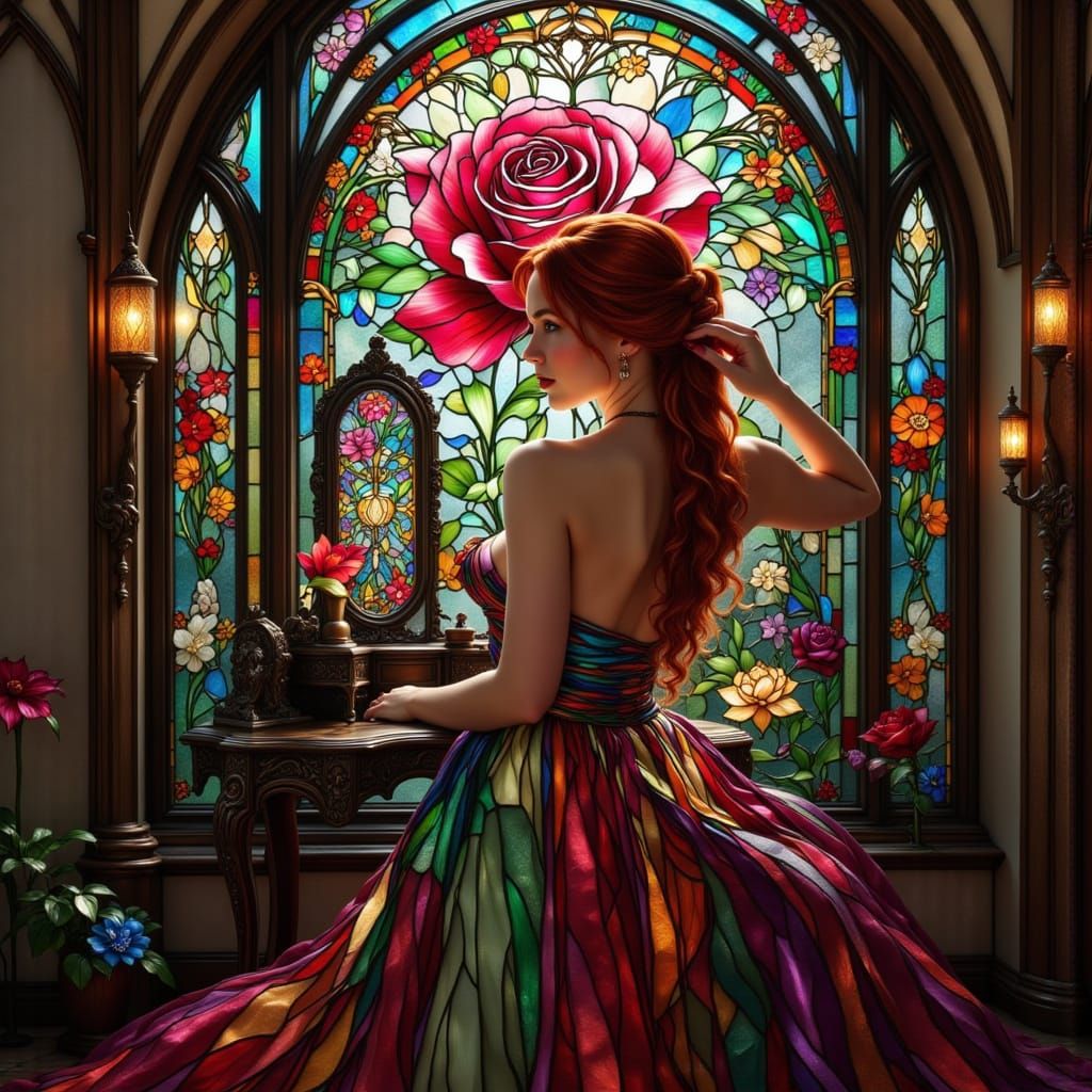 Woman in Boudoir Before Rose Stained Glass Window