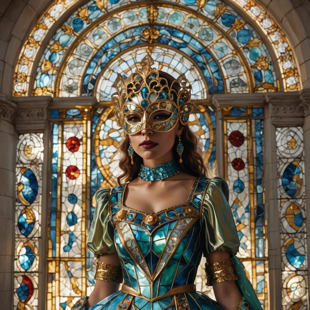 Girl in Mirror Mask and Stained Glass Dress