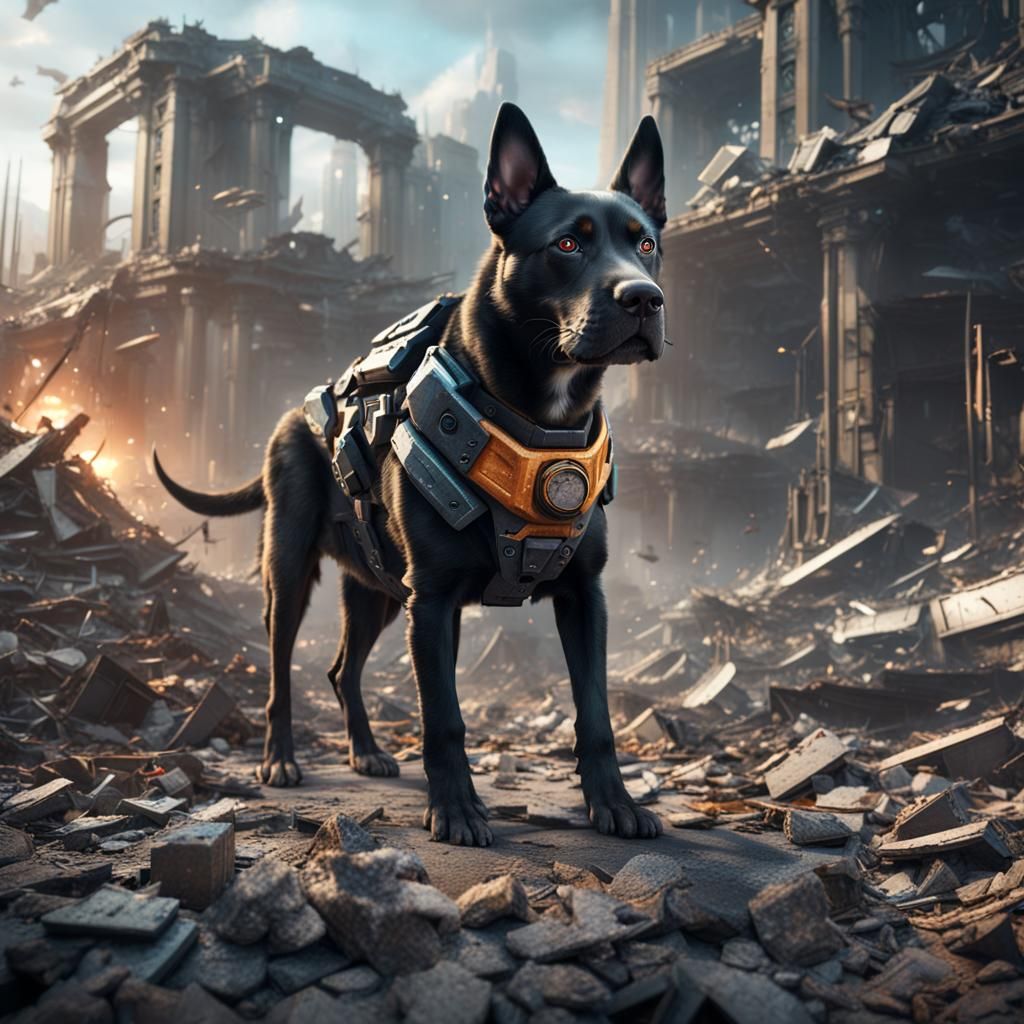 Heroic Futuristic Dog in Detailed Matte Painting