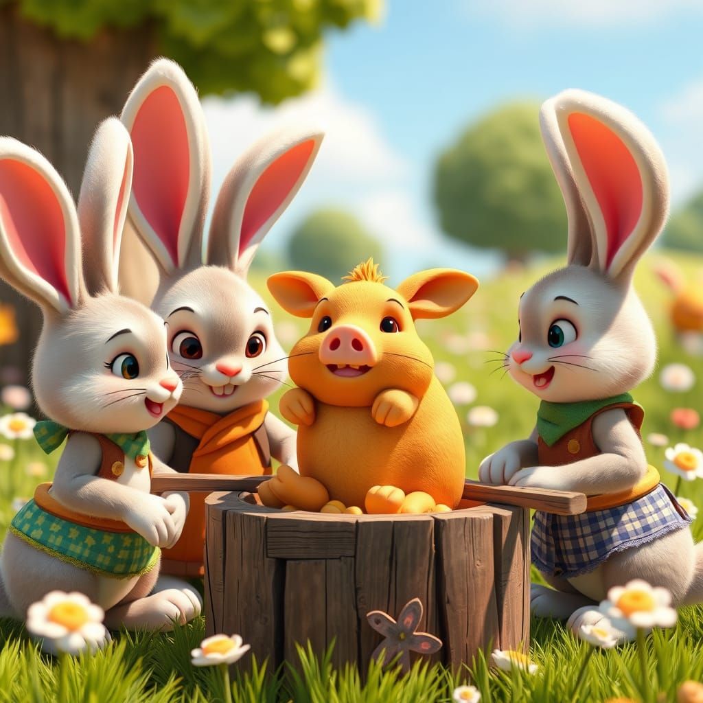 Whimsical Bunnies Roast Pig in Disney-Inspired Meadow