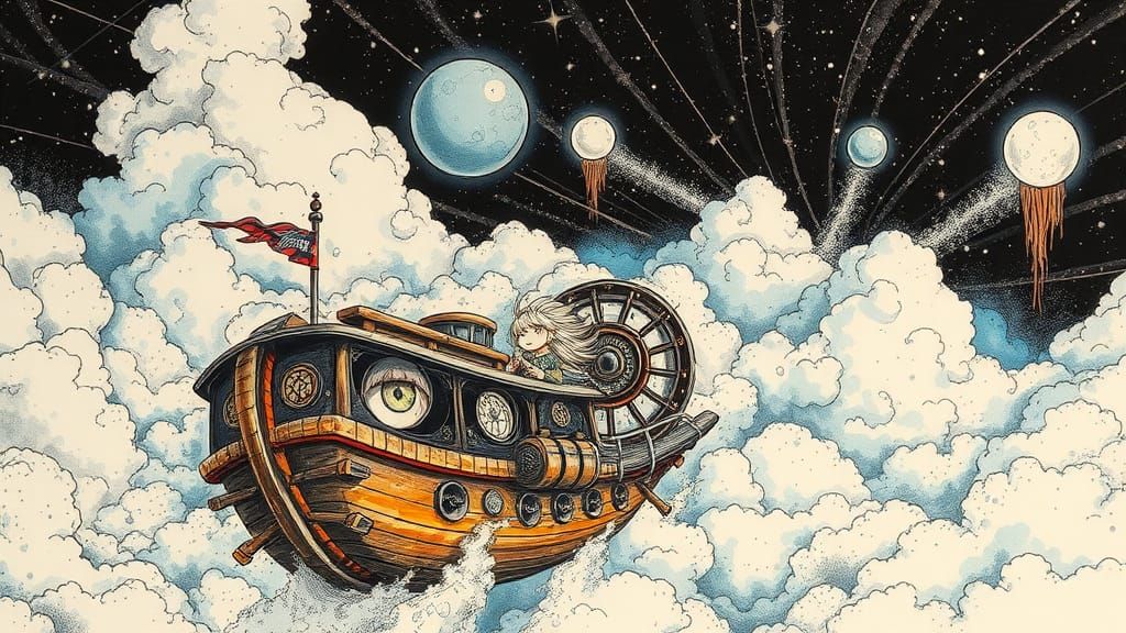 Anime Kids on Steampunk Ship in Ink Splatter Style