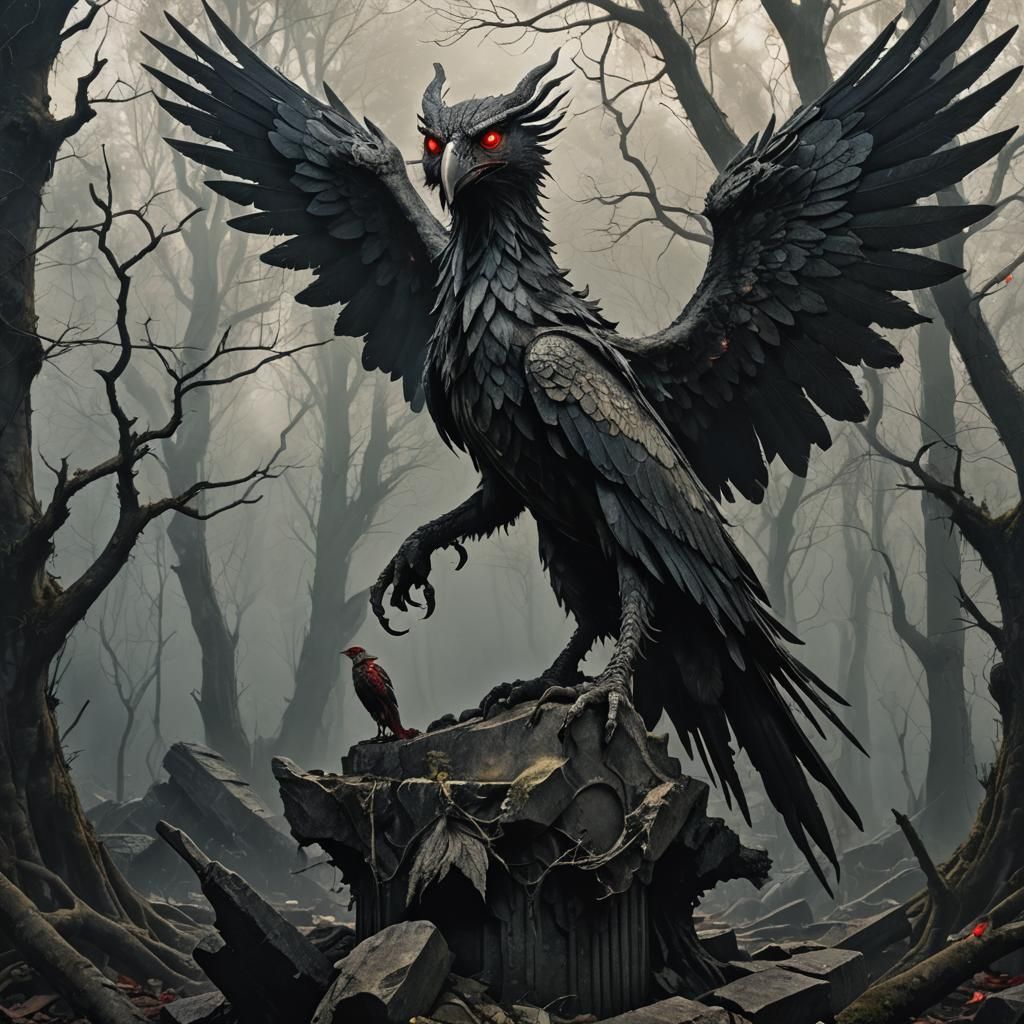 Grotesque Harpy Perched in Dark Mystical Forest
