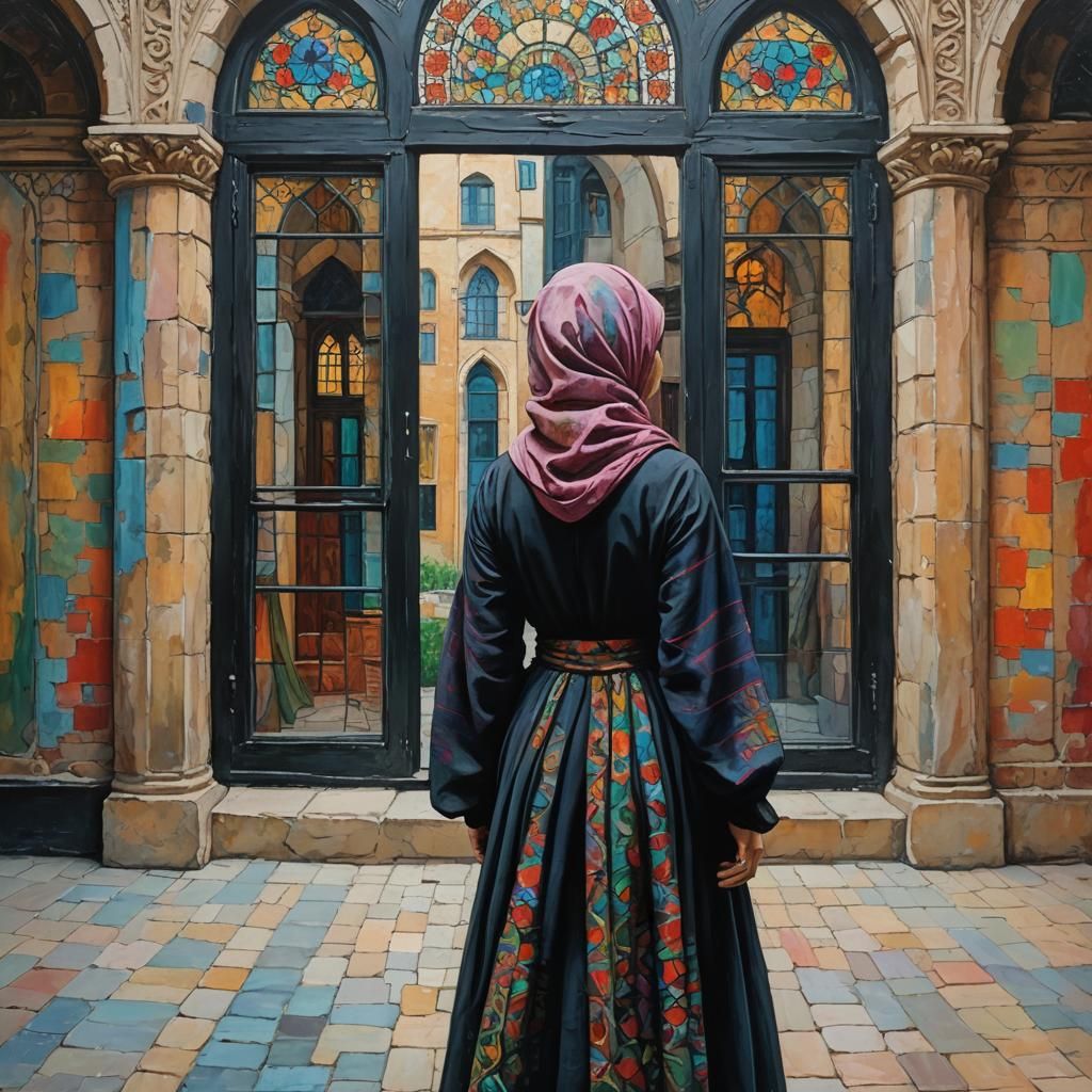 Woman in Hijab in 17th Century Setting, Expressionist Oil Pa...
