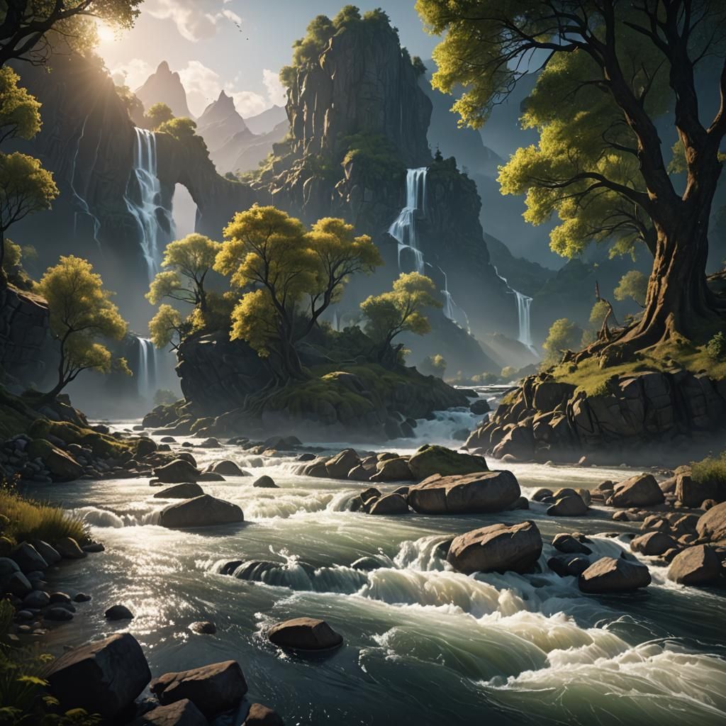 Heavenly Light Over Flowing River in Fantasy Art