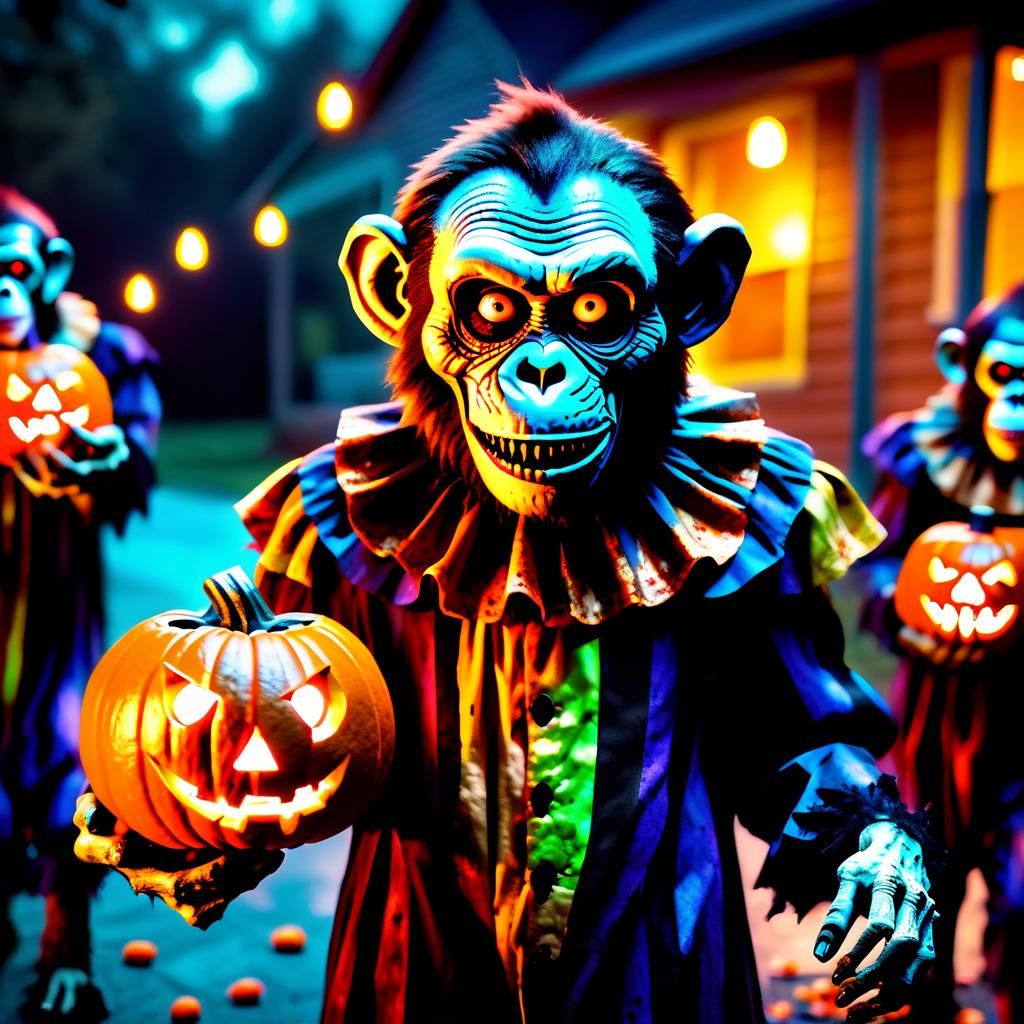 Zombie Monkey Clowns Trick-or-Treating on Halloween