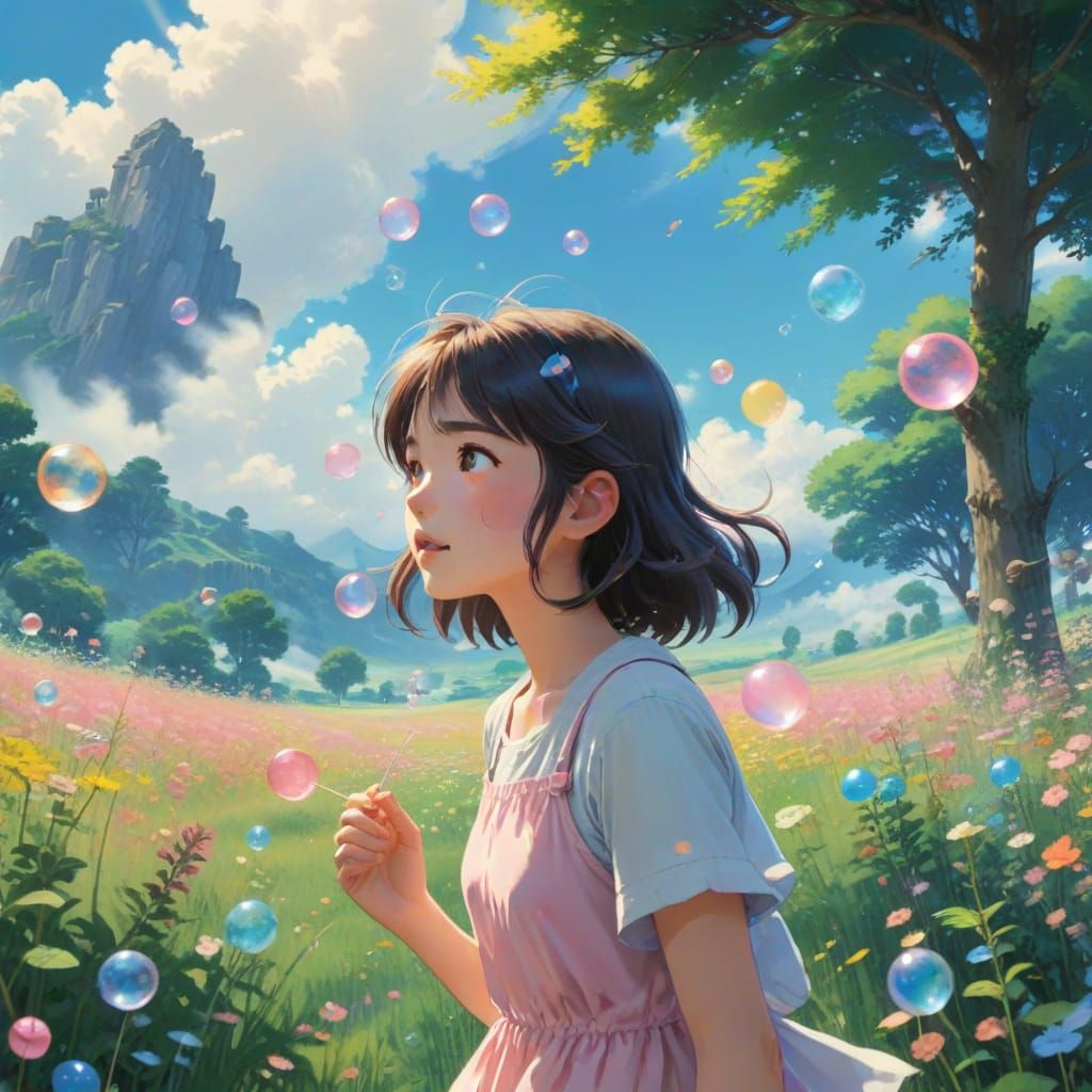Anime-Inspired Bubblegum Bubbles in Watercolor Style