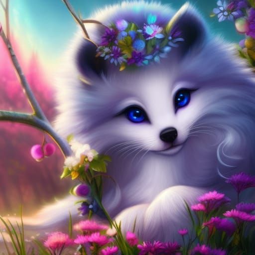Radiant Chibi Fox in Mystical Spring Garden