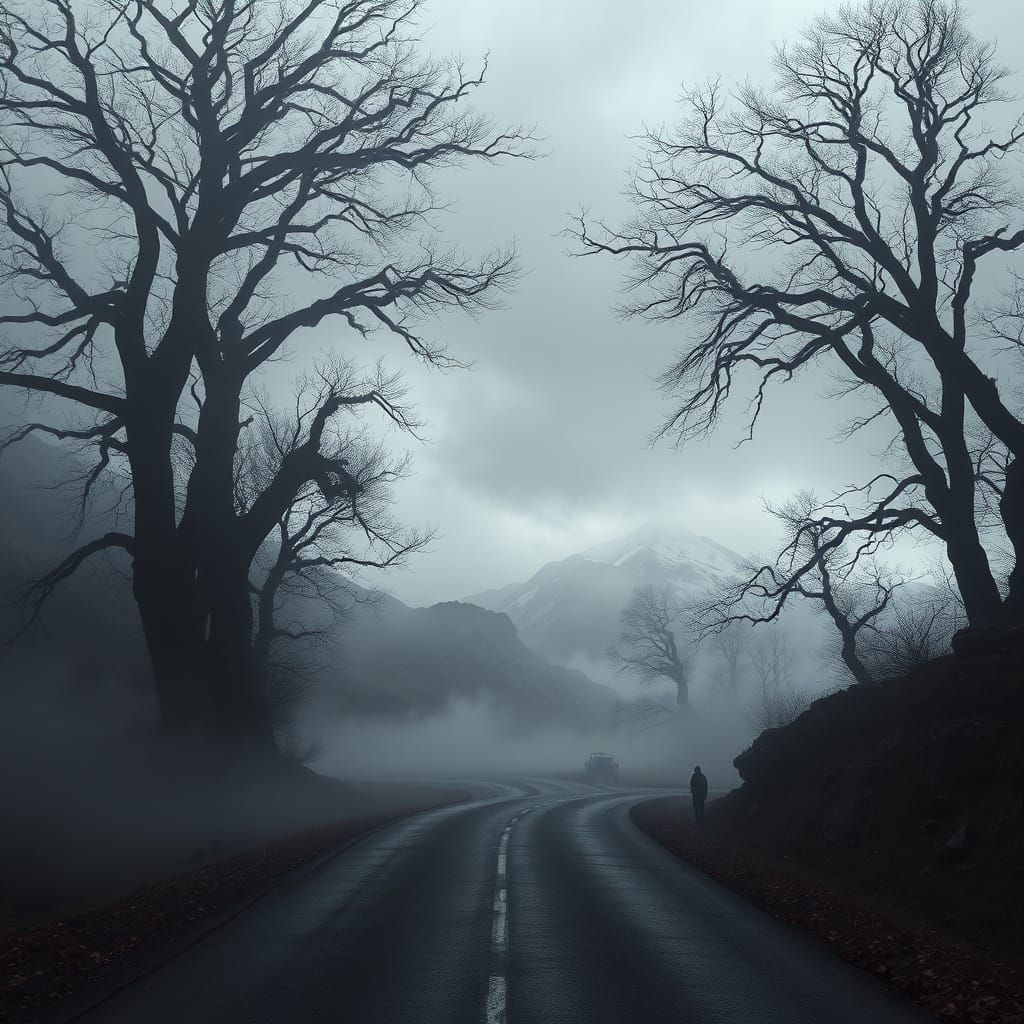 Mysterious Road in Eerie Misty Landscape
