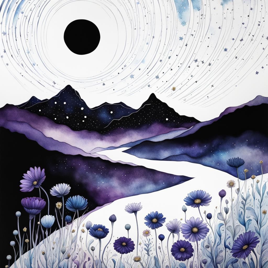 Watercolor Landscape Under Starry Sky in Liquid Ink