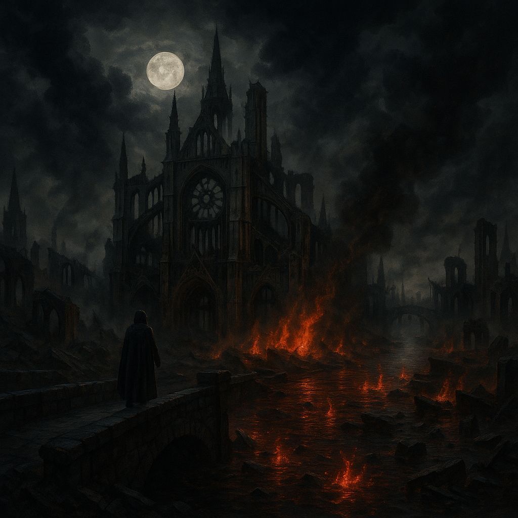 Gothic Ruins Devastated by Fire and Smoke